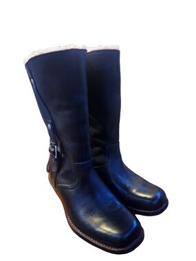 UGG Australia Black Leather Shearling Lined Riding Boots Womens Mid Calf Boots